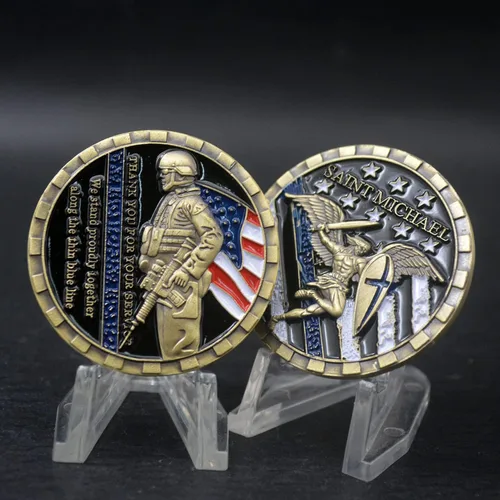 Miniatura 4 de Glamtune EEUU Policía Policía Oficial Challenge Coin Saint Michael Thin Blue line Oración Militar Moneda