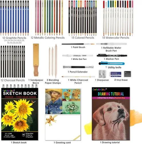 Miniatura 2 de Juego de suministros de arte para dibujo, kit de bocetos con libro de bocetos de 3 colores, grafito, carbón, acuarela y lápiz metálico, juego