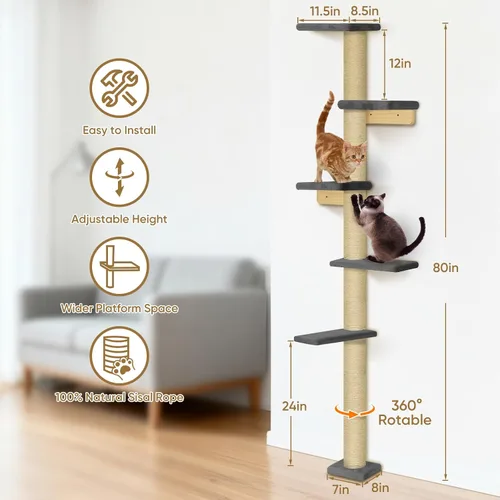 Miniatura 3 de PAWSCRAT Árbol para gatos montado en la pared, torre para gatos de piso a techo de 5 niveles, poste rascador para gatos montado en la pared de 80