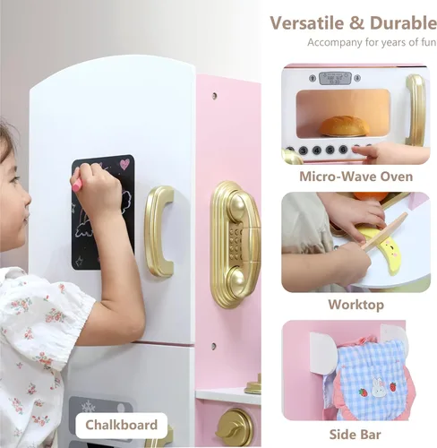 Miniatura 5 de Kinder King Cocina de madera para niños, juego de cocina de juguete para niños pequeños, horno de simulación, microondas, teléfono, pizarra, puertas