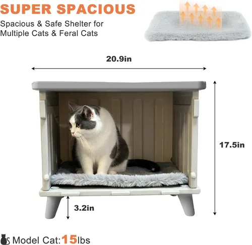 Miniatura 5 de Casa para gatos al aire libre, resistente a la intemperie, refugio para gatos con puerta de escape y solapa de puerta de PET, apilable elevado