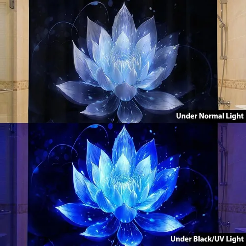 Miniatura 4 de Cortina de ducha con flores de loto negro y azul para decoración de baño, juego de cortinas decorativas de baño con estampado floral, tela