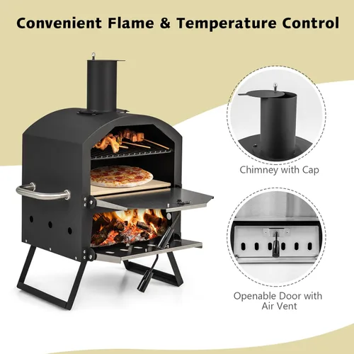 Miniatura 7 de COSTWAY Horno de Pizza de Picnic para Exteriores, Piedra de Fuego de Leña con Pala, Cubierta Impermeable, Patas Plegables, Fabricador de Pizza