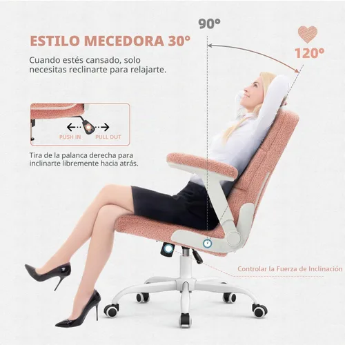Miniatura 4 de SEATZONE Silla de oficina rosa ergonómica con ruedas, silla de escritorio para computadora de felpa sintética, silla de oficina cómoda para mujeres