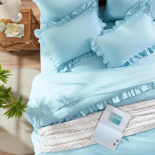 Miniatura 27 de Anluoer - Juego de cama individual con edredón de 5 piezas, rosa en una bolsa con sábanas, juego de ropa de cama de todos los días con volantes