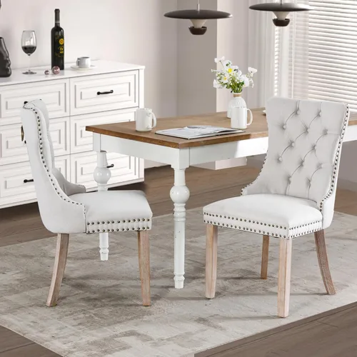 Juego de 2 sillas de comedor tapizadas de tela de lino, sillas de cocina modernas de mediados de siglo con respaldo alto, ribete de cabeza de clavo