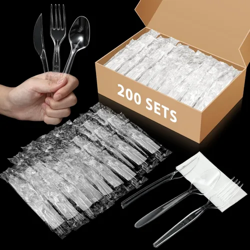 Miniatura 2 de Uiifan 1 Set Plastic Silverware Sets Individually Wrapped Plastic Utensils Cutlery Bulk Disposable Knife Fork Spoon Napkin Kit for Lounge Wedding