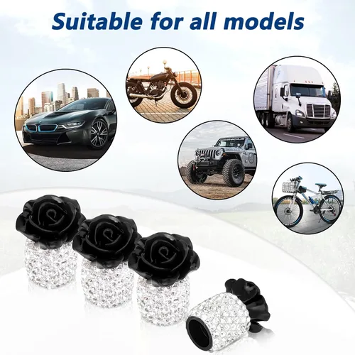 Miniatura 6 de Tapas brillantes para válvula de neumático 4 Pack, tapas de válvula de neumático con flores de rosa, cubiertas universales de vástago con diamantes
