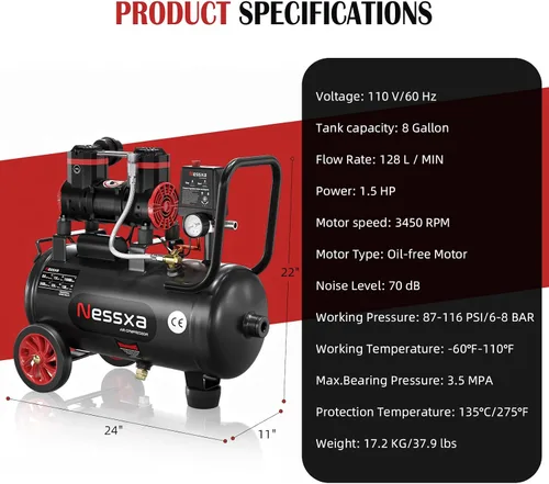 Miniatura 5 de Compresor de aire ultra silencioso de 8 galones, 1.5HP 4.52 CFM, tanque de compresor de aire sin aceite máximo de 115 PSI para reparación