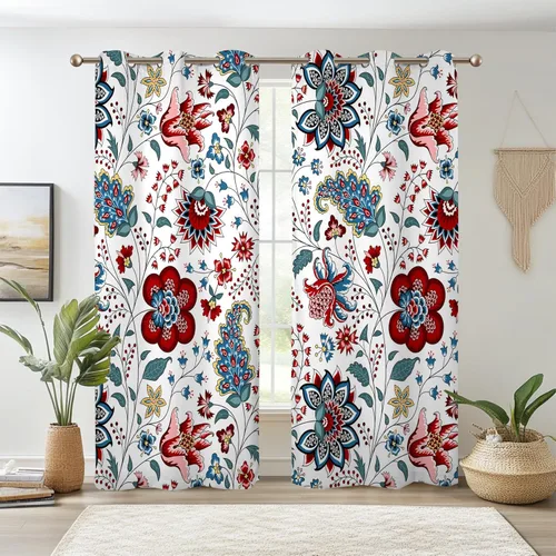 Renaiss - Cortinas opacas florales boho, cortinas de ventana con aislamiento térmico y estampado de flores y plantas bohemias para dormitorio,