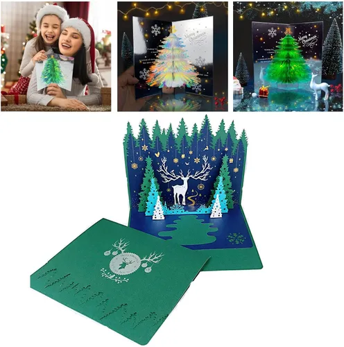 Miniatura 7 de Tarjeta desplegable 3D única de árbol de Navidad, tarjeta de felicitación con purpurina para árbol de Navidad, tarjeta tridimensional de cristal