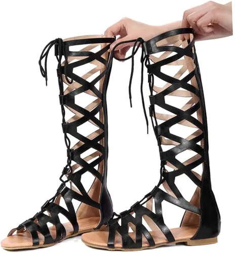 Miniatura 3 de Aniywn Sandalias para mujer, sandalias de gladiador altas hasta el muslo, sandalias planas con cordones y puntera abierta, sandalias con tiras hasta