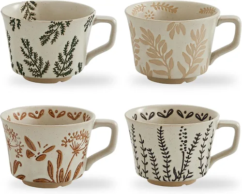 Miniatura 11 de Juego de 4 tazas de café de cerámica vintage de 12 onzas - Hechas a mano de gres cerámico de campo, estilo granja, para té de otoño con gran asa