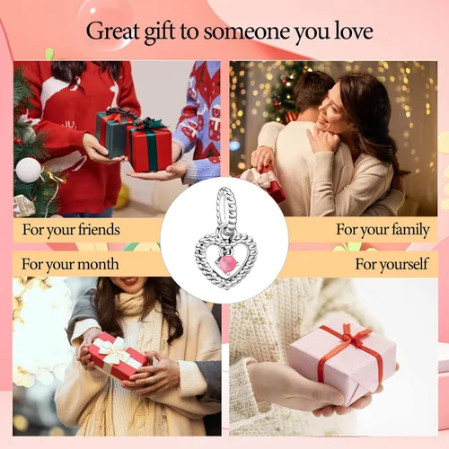 Miniatura 6 de Dijes de piedra natal de plata de ley 925 con dije de corazón para pulsera, collar, dije de feliz cumpleaños, cuentas colgantes de corazón