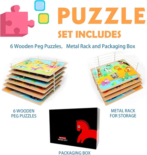Miniatura 3 de WOOD CITY Juego de rompecabezas y estante para niños pequeños, paquete de rompecabezas de madera con soporte de almacenamiento, rompecabezas