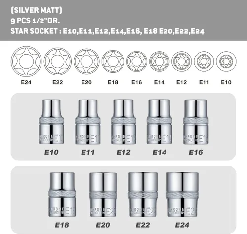 Miniatura 2 de DNA Motoring TOOLS-00133 - Juego de 9 llaves de vaso Torx externas de 1/2 pulgada - E10, E11, E12, E14, E16, E18, E20, E22, E24, con estuche