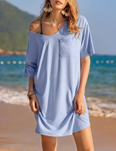 Miniatura 4 de Ekouaer Camisón de algodón con cuello en V para mujer, cómodo y casual para mujer