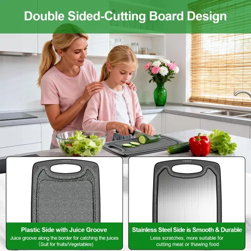 Miniatura 8 de Viretang Tabla de cortar pequeña de acero inoxidable apta para lavavajillas, tablas de cortar reversibles de doble cara para cocina, tabla de cortar