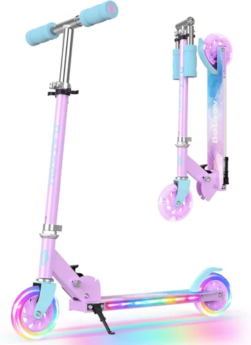 Miniatura 11 de BELEEV V1 Patinetas para niños, patineta plegable de 2 ruedas para niños y niñas, 3 alturas ajustables, ruedas iluminadas, patineta ligera con Rosa