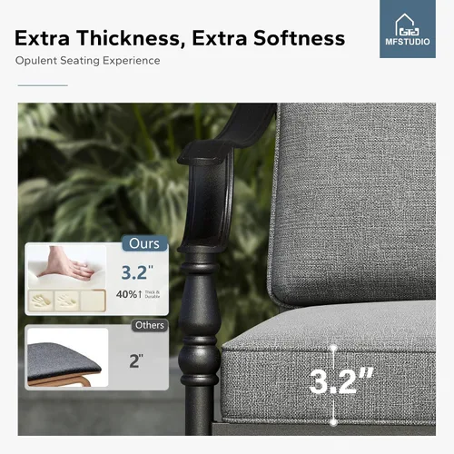 Miniatura 6 de MFSTUDIO Juego de 2 sillas de comedor para patio al aire libre, sillas de patio resistentes con cojines, sillas de terraza de hierro forjado