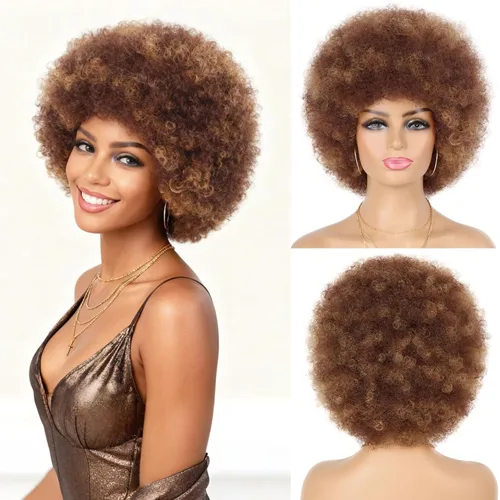 Miniatura 10 de G&T Wig - Pelucas afro de los 70 para mujeres de raza negra, pelucas afro rizadas de marrón oscuro, pelucas completas suaves y naturales con aspecto