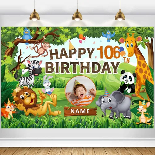Miniatura 23 de Cartel personalizado de decoración de cumpleaños número 106 con tema azul marino, pancarta de tela personalizada para suministros de fiesta
