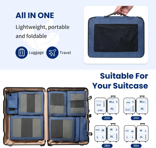 Miniatura 7 de Juego de 8 juegos6 juegos4 cubos de compresión para viajes, artículos esenciales ligeros de viaje para vacaciones, accesorios de viaje para maleta