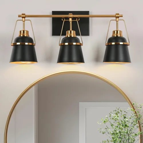 Lámparas de baño de oro negro, modernas luces de tocador de granja sobre el espejo, 3 luces de cobre dorado con pantalla de metal y artesanía Negro