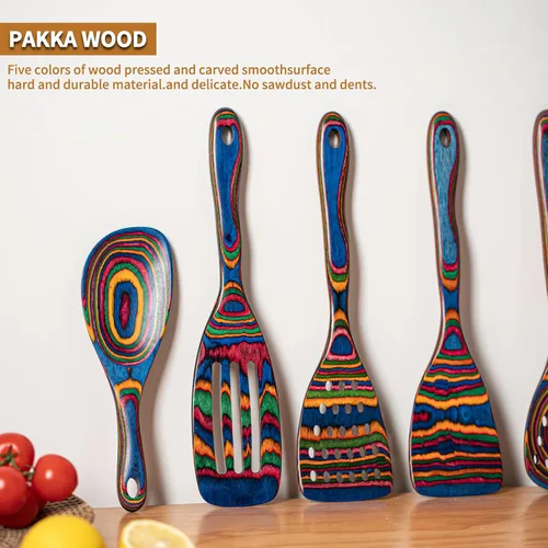 Miniatura 4 de Gudamaye Pakkawood - Utensilios de cocina de madera azul de 7 piezas, cucharas de madera, juego de utensilios de cocina, cucharas antiadherentes