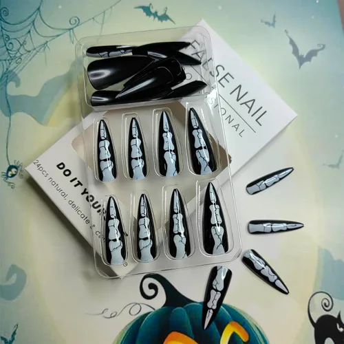 Miniatura 5 de 24 uñas postizas largas a presión de Halloween, con diseño de huesos góticos, uñas postizas acrílicas de almendra, hueso de dedo, cobertura