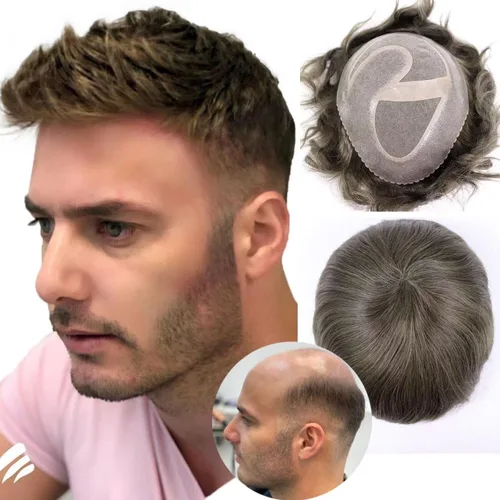 Miniatura 10 de HAPPY&CC Pelucas de cabello humano para hombre, pelucas de encaje mono con poliéster transparente alrededor de la pieza de cabello para hombres, #18