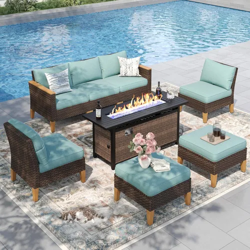 Miniatura 31 de PHI VILLA Otomana de mimbre para patio, 2 piezas, asiento otomano de mimbre para todo tipo de clima, reposapiés para exteriores con cojines