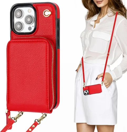KIHUWEY Funda tipo cartera cruzada para iPhone 15 Pro Max, funda con bolsillo con cremallera y soporte para tarjetas, funda protectora de piel Rojo