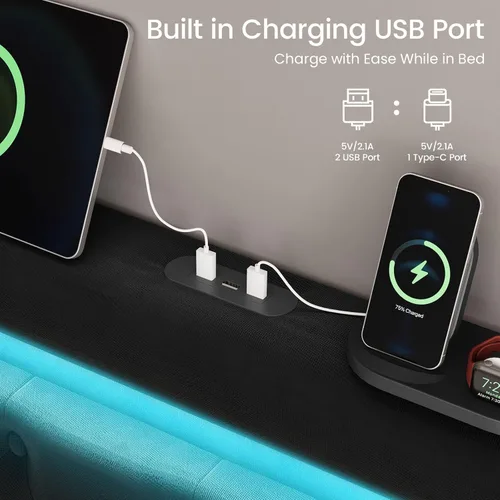 Miniatura 4 de Belffin Estructura de Cama Tamaño Queen con Cabecero, Cabecero Alto de 50" Cama Plataforma Tapizada en Terciopelo con Luces LED y 2 Puertos USB/1