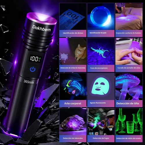 Miniatura 9 de Linterna UV de 365 nm recargable, linterna de luz negra con pantalla LCD, potentes luces ultravioleta para detección de orina de mascotas, curado