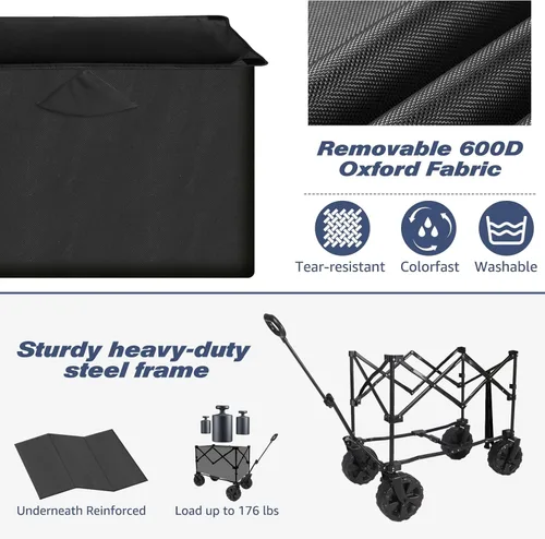 Miniatura 5 de Chihee Carro plegable de playa, carrito de jardín resistente con 2 portavasos, carrito de campamento para ruedas todo terreno con sistema
