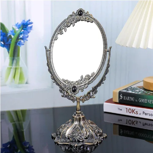 Miniatura 2 de Guppy Espejo de maquillaje vintage de metal pequeño, espejo cosmético ovalado de mesa floral, espejo cosmético giratorio vintage de doble cara