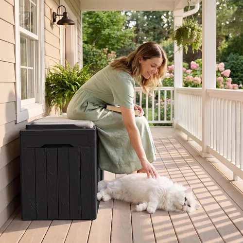 Miniatura 6 de JUMMICO Caja de resina de 31 galones, cajas de almacenamiento impermeables para interiores y exteriores para muebles de patio, cojines y Negro