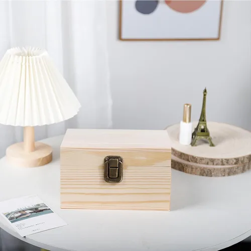 Miniatura 6 de Paquete de 2 cajas de madera sin terminar, caja grande de madera con tapa con bisagras, cierres frontales, cajas de madera natural