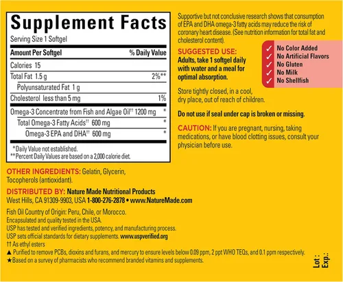 Miniatura 7 de Nature Made - Suplementos de Aceite de Pescado Omega 3 y Aceite de Algas, 1200 mg, Suplemento de Omega 3 para el Corazón, el Cerebro y los Ojos, Uno