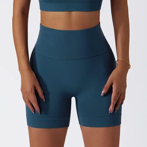 Miniatura 95 de Conjuntos de entrenamiento para mujer, 2 piezas, sin costuras, acanalada, sin mangas, brasier deportivo, cintura alta, pantalones cortos