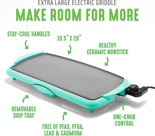 Miniatura 3 de GreenLife 20 x 50.8 cm Plancha Eléctrica Extra Grande, Cerámica Antiadherente Libre de PFAS y PFOA No Tóxica, Control de Temperatura, Calentamiento