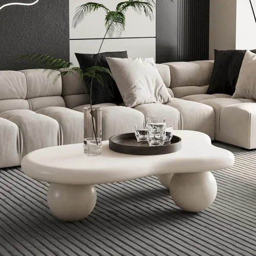 Miniatura 17 de Mesa de café irregular de 40" en forma de nube asimétrica Mesa de té de centro bajo con 3 patas esféricas para sala de estar, oficina, apartamento