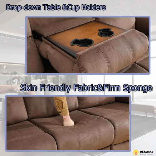 Miniatura 4 de Sofá reclinable manual moderno, sofá reclinable de cuero de 3 plazas, sofá reclinable de sala de estar, sofá con portavasos y mesa abatible