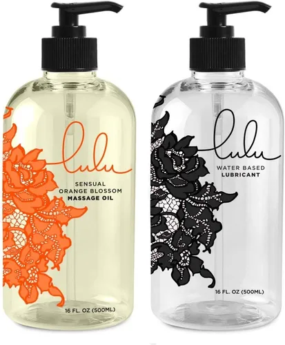 Lulu Aceite de masaje de flor de naranja con jojoba y aceites esenciales, 16 onzas y lubricante personal. Lulu Lube Natural a base de agua, 16 onzas