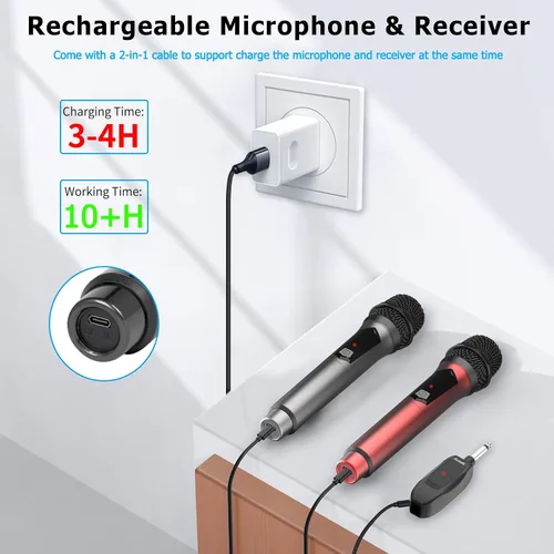 Miniatura 2 de Aveek Micrófono inalámbrico para karaoke, micrófono recargable de karaoke de 2.4GHz (funciona 10hs), para altavoz, máquina de karaoke, iglesia, gris