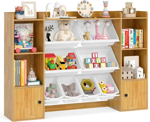 HONEY JOY Organizador de almacenamiento de juguetes para niños, armario de madera de 56.5 pulgadas de largo con 8 contenedores extraíbles, estantes