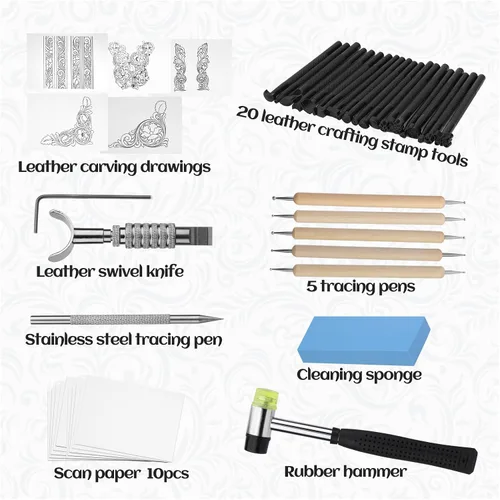 Miniatura 2 de Herramientas de estampado de cuero, kit de herramientas de tallado de cuero con bolígrafo de cuero, martillo de trabajo de cuero y papel de calco