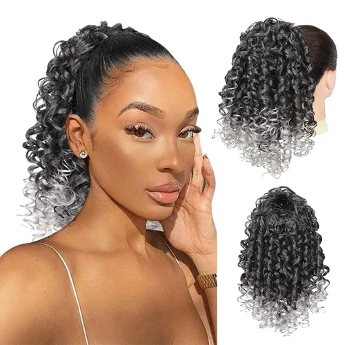 Miniatura 27 de PEACOCO Extensión de cola de caballo rizada con cordón para mujeres negras - Cola de caballo de 6 pulgadas con clip, postizo sintético de afro corto