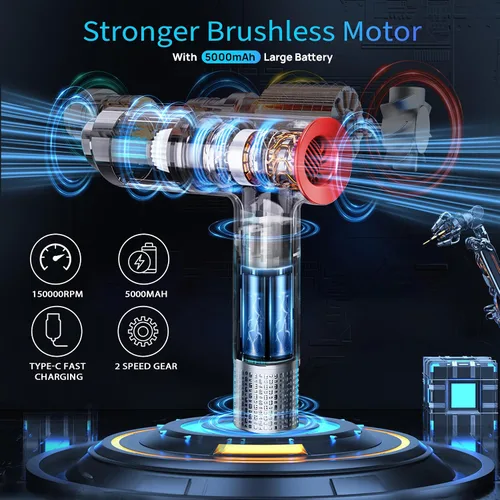 Miniatura 2 de Plumero de aire comprimido 2 en 1 y mini aspiradora con 150000 altas rpm, potente motor sin escobillas para escritorio, teclados, laptop, secadora